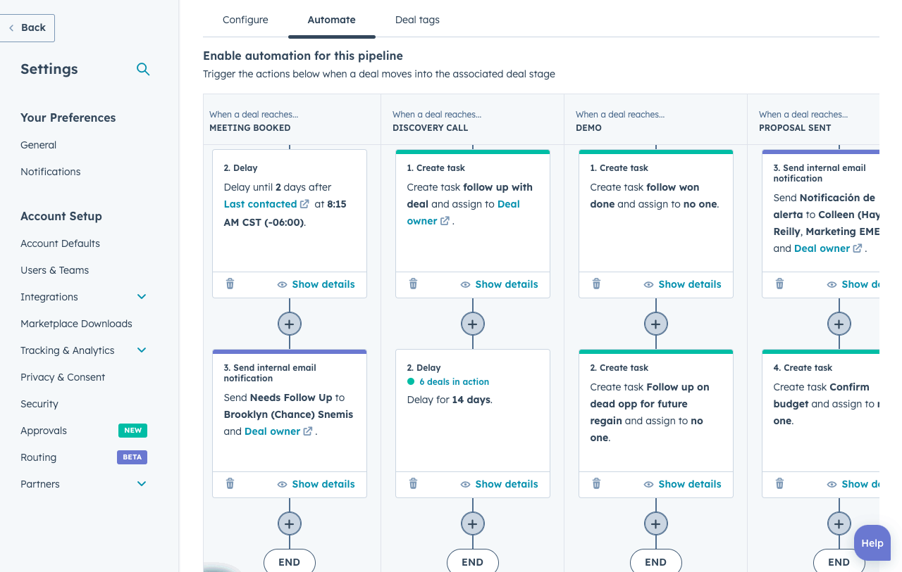 sales hub user interface showing deal pipeline automation